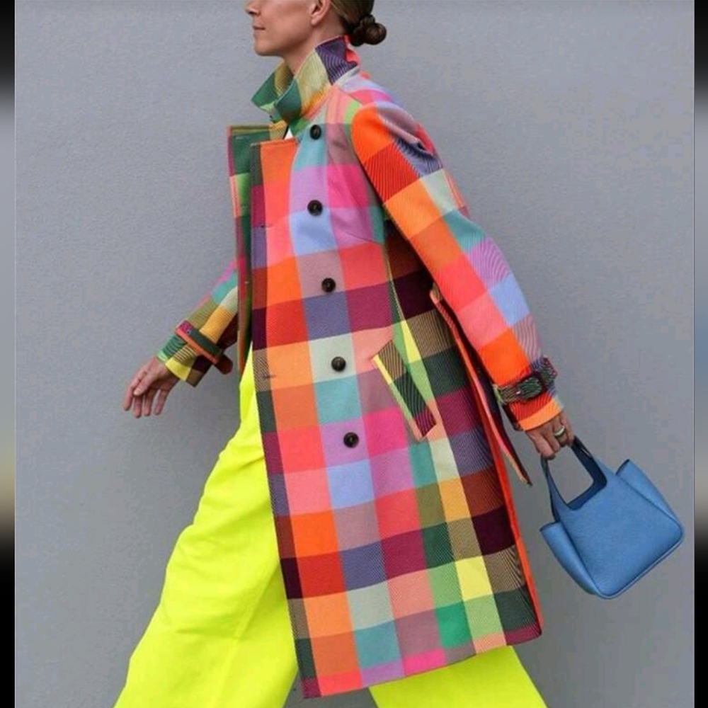 Plaid Double Breasted Trench Coat, Rainbow Colors, Women's Coat Fall-Winter - Picture 3 of 3